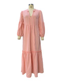 MQTIME  -  Casual Ladies V-Neck Long Dress Fashion Solid Color Puff Sleeve Loose Summer A-line Long Sleeve Beach Sundress