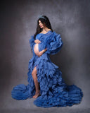 ﻿ MQTIME  -  Blue Maternity Dress for Photography Off Shoulder Full Sleeve Slit Pregnancy Photshoot Ruffled Tiered Babyshower Gown