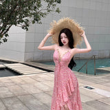 MQTIME  -  Chic Backless Maxi Dresses Women Print Sexy V Neck Suspender Irregular Ruffles Vestidos Beach Vacation Elegant Dresses
