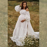 MQTIME  -  Retro Bohemian Pregnancy Dress Photo Shooting Comfortable Maternity Wear Linen Cotton sexy Off Shoulder Top Large Skirt Hem