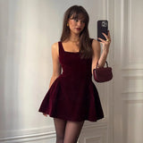 MQTIME  -  Elegant Velvet Sling Mini Dress Women Square Neck Sleeveless Backless A Line Vestidos Female Chic Party Evening Dresses