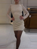 MQTIME  -  Sexy White Lace Full Sleeve Mini Dress Women O-neck Backless Hip Package Slim Waist Cinching Dresses Lady Evening Party Vestidos