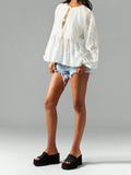 MQTIME  -  Elegant Women s Embroidered Blouse with Floral Detailing Stylish Casual Tie-Front Top with Loose Fit and Long Sleeves