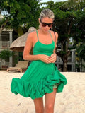 Mqtime Sexy Spaghetti Straps Ruffle Mini Dress Women Green Sleeveless Backless Large Swing A-line Mini Dress Streetwear Evening Party