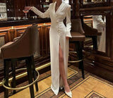 MQTIME  -  Spring and Autumn New Party Dress Skirt Women's High-end V-neck Long Sleeve Temperament High-waisted Slit French Dress