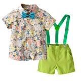 MQTIME  -  Boy's Summer Suit Printed Flower Short-sleeved Shirt and Strap Shorts with Bow Tie Pure Cotton 2-8 Years-old Boy 70-130cm