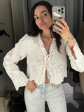 MQTIME  -  Embroidered Hollow Out Shirt Top Flower Ruffle Pleated Lace Up Bow V-Neck Cardigan Sexy Loose Long Sleeved Women Short Blouse