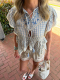MQTIME  -  Fashion Lace Patchwork Plaid Shirt for Women Elegant O Neck Fly Sleeve Female Top Summer New Lady Single Breasted Shirts