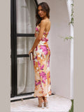 Mqtime 2024 Chic Strapless Satin Printed Maxi Dress Lady Elegant Large Backless Sleeveless Vestidos Women Casual Vacation Party Robes