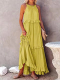 MQTIME  -  Women Boho Solid Color Dress Sleeveless Ruffled Maxi Vestidos Loose Fit Straight Hippie Dresses Layered Princess Robe