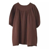  MQTIME  -  French Round Neck Pleated Cotton Crepe Muslin Dress Girls Autumn New Casual Loose Retro Brown Children's Dresses