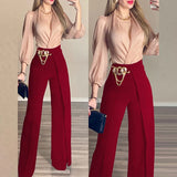 Mqtime Fashion Office Contrast Color Set Office Spring Women SuitsLady Sexy Solid Color V-Neck Tops + Long Suit Pants Sets