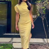MQTIME  -  Elegant Office Lady Solid Straight Party Dress Spring Crew Neck Hollow Side Split Boho Dress Women Slim Bodycon Hips Dress Mujer