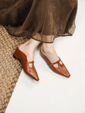 MQTIME  -  Vintage Brown Soft Leather Mules Women Square Toe Buckle T Strap Low Heel Slingback Slippers Female Casual Outdoor Slides Shoes