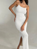 MQTIME  -  Elegant Knitted Long White Dress Women Hot Sexy Spaghetti Straps Backless Bodycon Maxi Dress Lace-Up Slit Dress Party Outfits