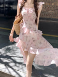 MQTIME  -  French Pink Butterfly Print Chiffon Ruffle Spaghetti Straps Asymmetrical Hem Summer Dress Women Beach Vacation Party Daily Wear