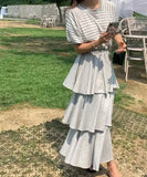MQTIME  -  Korean Style Summer Women's Dress Lady Stretchy Tiered Dress for Travel Female Ruffled Hem Knitted Midi Dress Sweet Cake Dresses