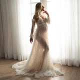 MQTIME  -  Romantic Pearls Maternity Dress Photoshoot Off Shoulder Sheer Tulle Pregnancy Dress Luxury Pearl Beaded Baby Shower Dresses
