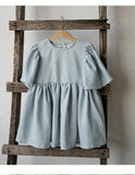 MQTIME  -  Summer Retro Linen Loose Flared Sleeve Dress Girls New Solid Color Cotton And Linen Casual Back Bow Tie Princess Dresses