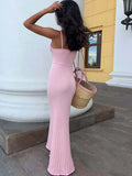 MQTIME  -  Knitted Sexy Backless Low Chest Women Maxi Dress Pink Spaghetti Strap High Waist Dress Summer Slim Vacation Beachwear