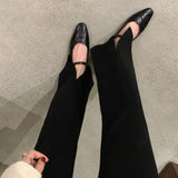 MQTIME  -  Pointed Toe Pu Leather Mary Janes Shoes Women Spring Autumn Elegant Slip on Ballet Flats Buckle Strap Shallow Black Loafers New
