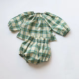 MQTIME  -  Summer Baby Clothes Set Vintage Style Green Big Plaid Baby Girl Suit Toddler Blouse and Bloomer 2 Pcs