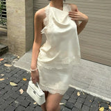 MQTIME  -  Elegant Neck-Mounted Lace Splicing Skirt Set Women Loose Backless Sexy Top Slim Short Skirt Summer Banquet Fashion Suit