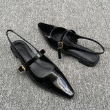 MQTIME  -  Sling Back Black Flats Shoes Women Pointed Toe Low Heels Elegant Mary Janes Glossy Pu Leather Buckle Strap Soft Ladies Shoes