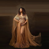 Mqtime Gorgeous Gold Maternity Dress For Baby Shower Beads Pregnant Photo Shoot Ostrich Maternity Dresses Cloak Sleeve Sheer