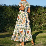MQTIME  -  Women Summer Dress Elegant Floral Print Loose Hem Maxi Dress Spring V Neck Butterfly Sleeve Bohemian Holiday Dress Vestido Mujer
