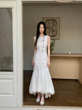 MQTIME  -  Vintage White Dress Women Sleeveless Slim Fit Mermaid Folds Long Skirts Elegantes Fashion Design Mujer Wedding Dresses