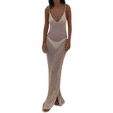 MQTIME  -  Women's Summer Knitted Deep V Neck Cover Ups Crochet Cutout Backless Split Dress Hollow Out Bikini Swimsuit Sundress
