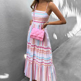 MQTIME  -  Summer New Fashion Temperament Mid Long Women Striped Camisole Dress Simple Square Neck Female Casual Long Dresses