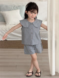  MQTIME  -  New Summer Baby Girls Striped Sets Peter Pan Collar Tops Shorts 2pcs Korean Style Toddlers Kids Chic Outfits