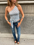 MQTIME  -  Striped One Shoulder Tops Women Casual Sleeveless Tie Waist Slim Fit Asymmetric Short Blouses Lady Chic Daily Street Wear