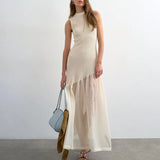 MQTIME  -  Fashion Solid High Waist Beach Holiday Dress Elegant Knitted Mesh Splice Perspective Dress Chic O-neck Irregular Fish Tail Dress