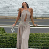 MQTIME  -  Sequins Patchwork Lace Up Halter Backless Split Vacation Beach Maxi Dress Women Sexy Hollow Out Sleeveless Club Party Long Robe