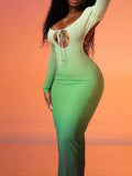  MQTIME  -  Sexy Front Chest Hollow Out Gradient Slim Bodycon Maxi Dress Women Cross Strap Backless Skinny Evening Dress Club Party