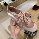 MQTIME  -  Satin Patchwork Lace-up Retro Sneakers for Women Ballet-Style Square Toe Designer Flats Comfortable Soft Outdoor Casual Shoes