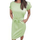 MQTIME  -  Summer Women Versatile Dress With Belt Casual Short Sleeve Round Neck Fashionable Dress Outfits Holiday Midi Sundress Vestidos