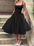 MQTIME  -  Summer New French Square Neck Women Elegant Strap Dress Simple Solid Color Female Banquet Grand Display Long Dresses