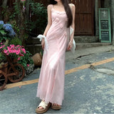MQTIME  -  French Lace three-dimensional Floral texture Pink Spaghetti Strap Dress For Women, Summer Tulle Fishtail Long Dress