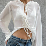  MQTIME  -  Autumn and Winter New Style Sense of Advanced Minority Unique Drawstring Frenum White Blouse See-through Top Women Tops