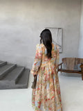 MQTIME  -  Elegant  Women's Print V-neck Long Dress Loose Long Sleeve Patchwork Party Dresses Female Fashion Summer Fall Robe