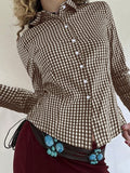 MQTIME  -  Spring New Design Color Contrasting Versatile Fine Grid Cotton Collar Long Sleeve Shirt for Women