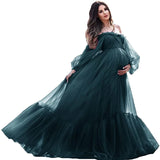 MQTIME  -  Puffy Sleeve Maternity Dress Tulle Robe With Underskirt for Photoshoot Off Shoulder Pregnancy Baby Shower Gown