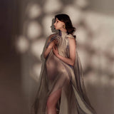  MQTIME  -  Elegant Maternity Photography Halter Cape Gown Slit Dress Pregnancy Photo Shoot Outfits Studio Posing Clothing For Portraits