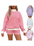  MQTIME  -  Women s Cozy Striped Lounge Set with Relaxed Fit Crew Neck Top and Matching Shorts - 2 Piece Casual Outfit for Stylish Comfort