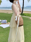 MQTIME  -  Casual Women's Pleated Cake Sundress Summer Vacation New Beige Sleeveless Temperament Elegant Round Neck Fashion Vest Dresses