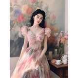 MQTIME  -  High end French Hepburn Style Unique Pink Flower Long Dress Summer Sweet Bubble Sleeve Waist Slimming Vintage Dress for Women